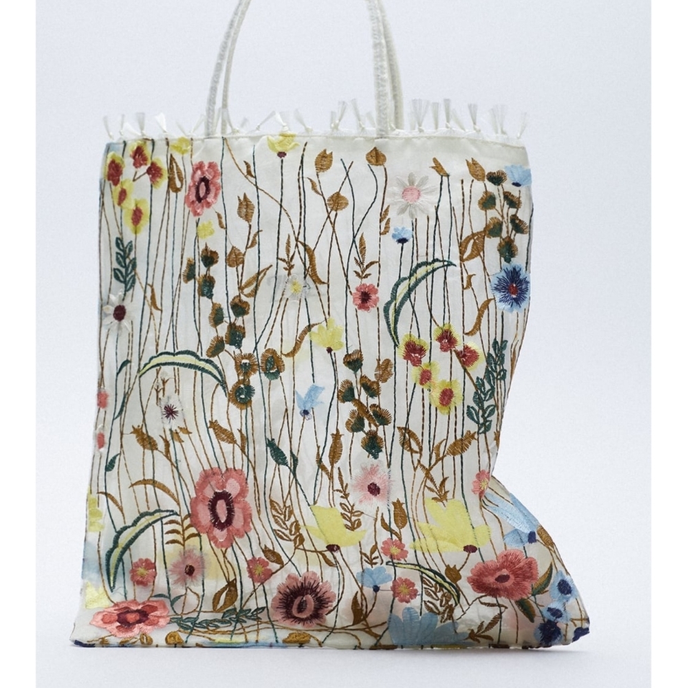 Zara tulle floral embroidery tote bag